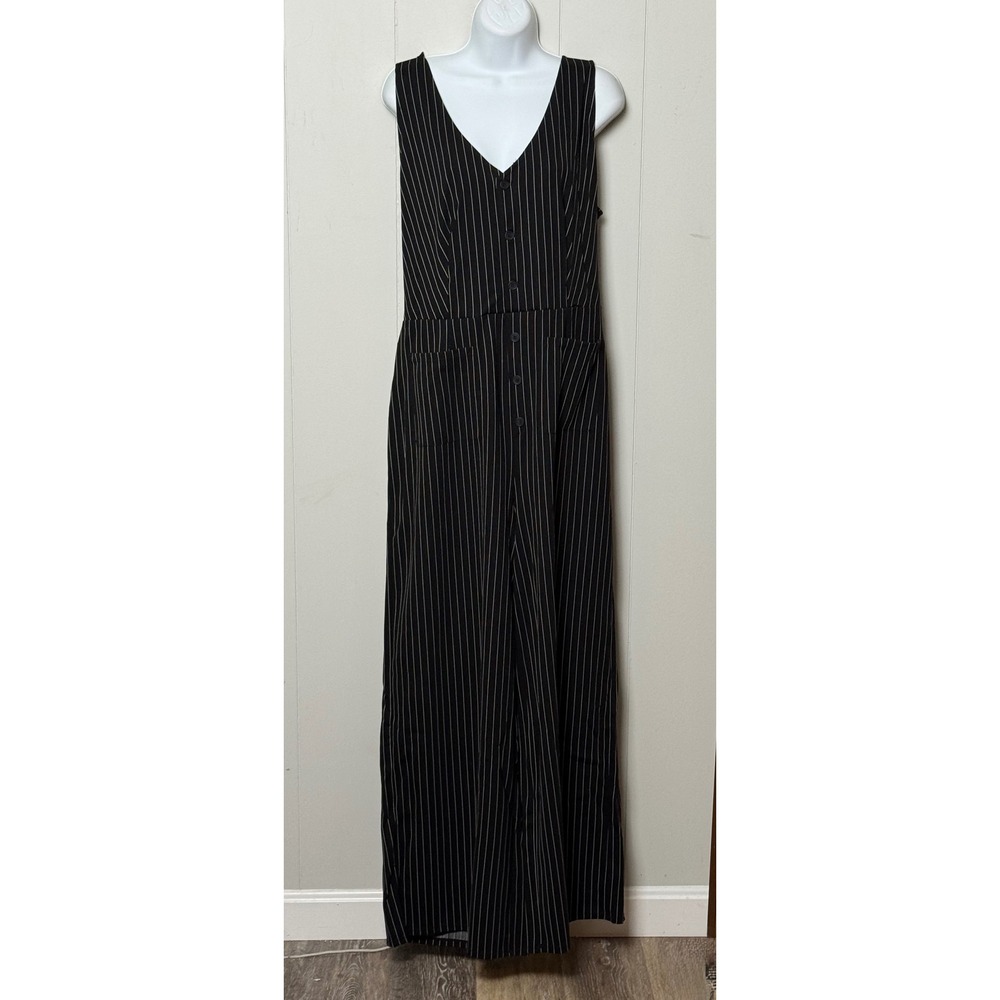 NWT Halara Women's Pinstripe Jumpsuit Black White Wide Leg Button Front Size XL
